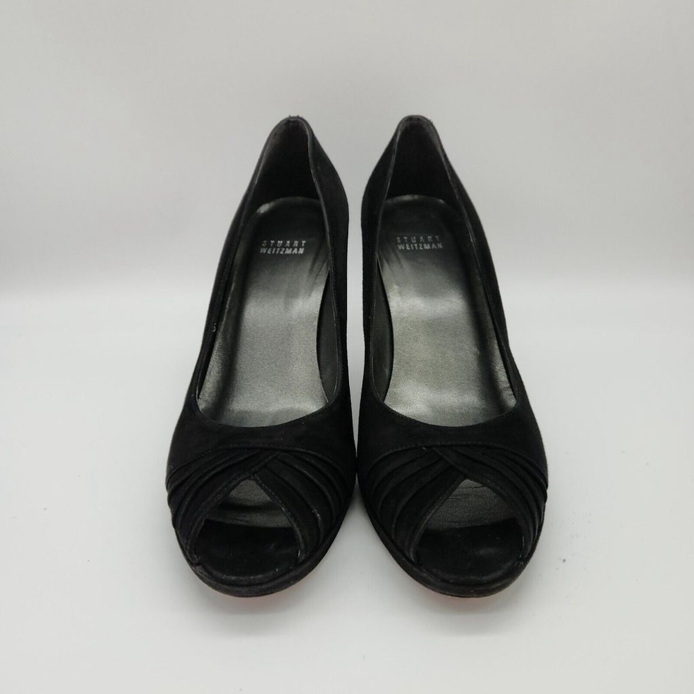 Stuart Weitzman Pump Black Suede Leather Heel Peep Toe Women Size 9M - Picture 4 of 12